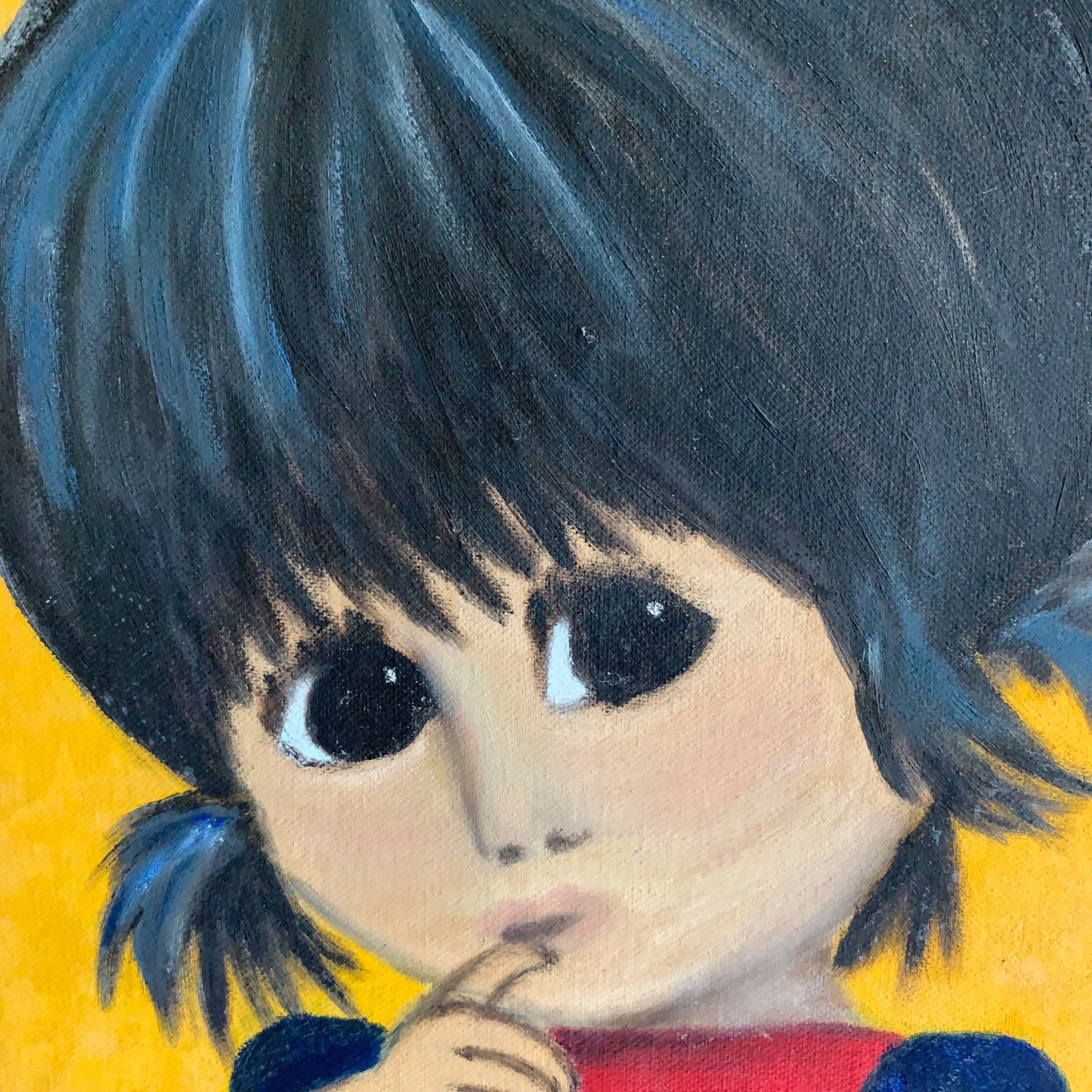 Vintage 1960s 1970s Large Big Eyed Eyes Girl Pigtails Painting Original Signed