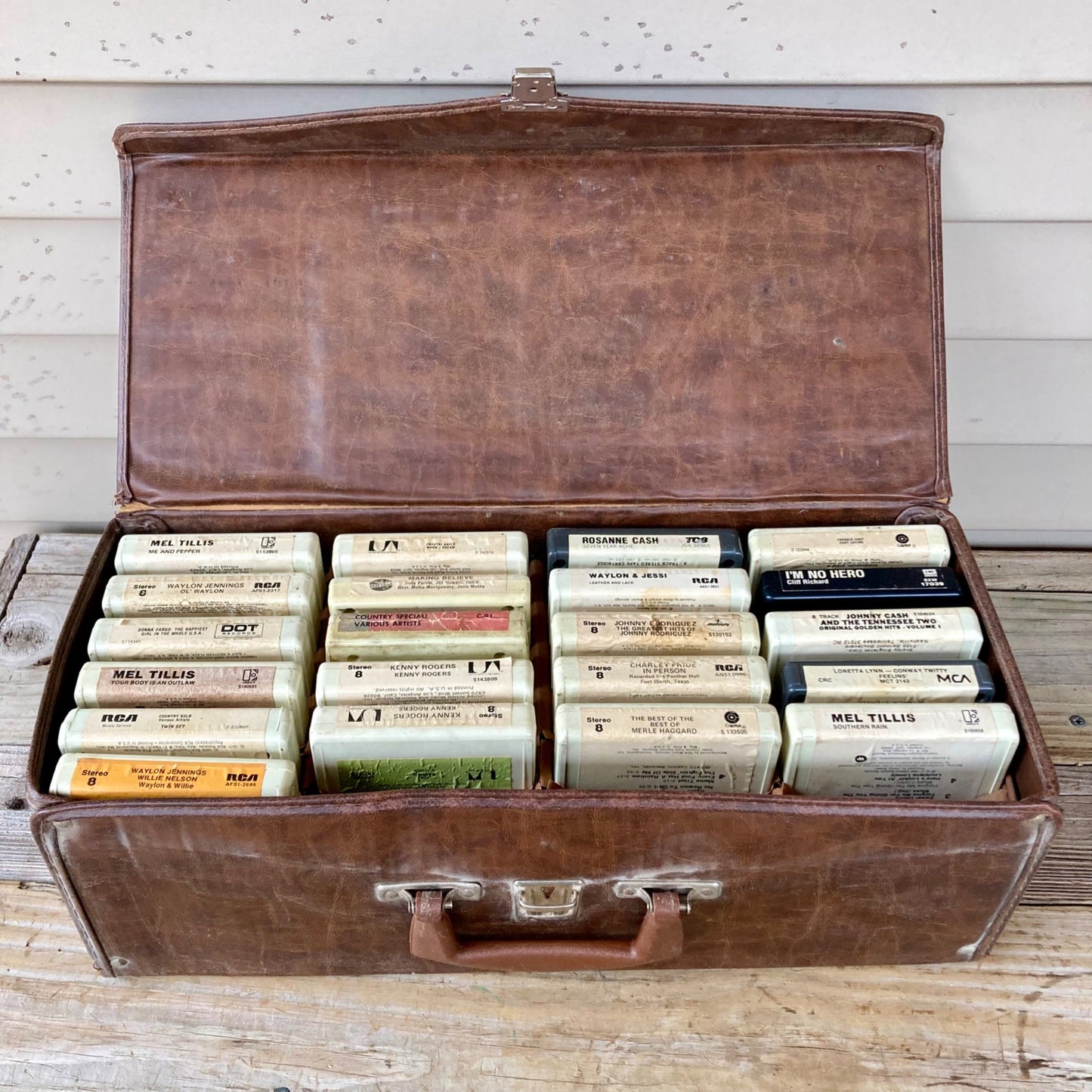 Vintage Faux Leather 8-Track Case & 21 Tape Lot