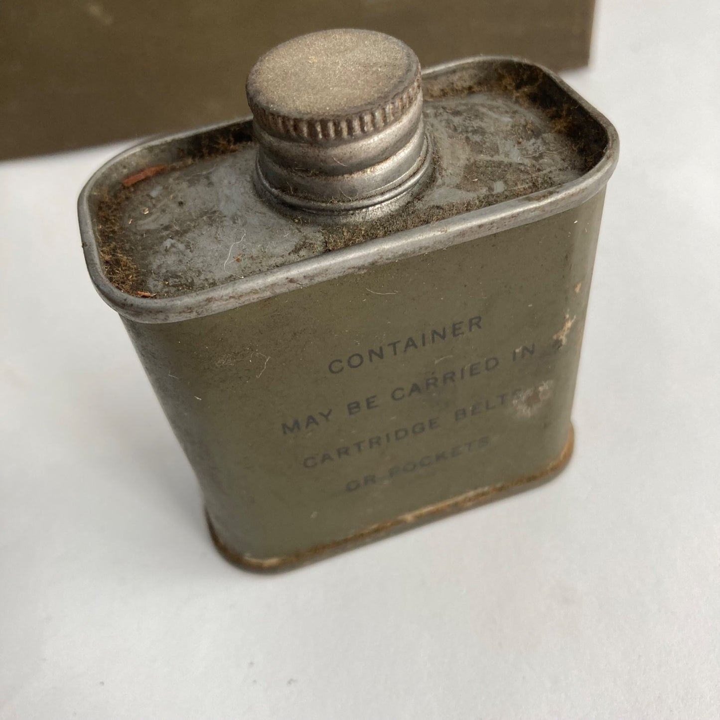 Vintage 10.5" Box Military OD Green w/Tan Belt & Lubricating Oil Can 2 oz Poison