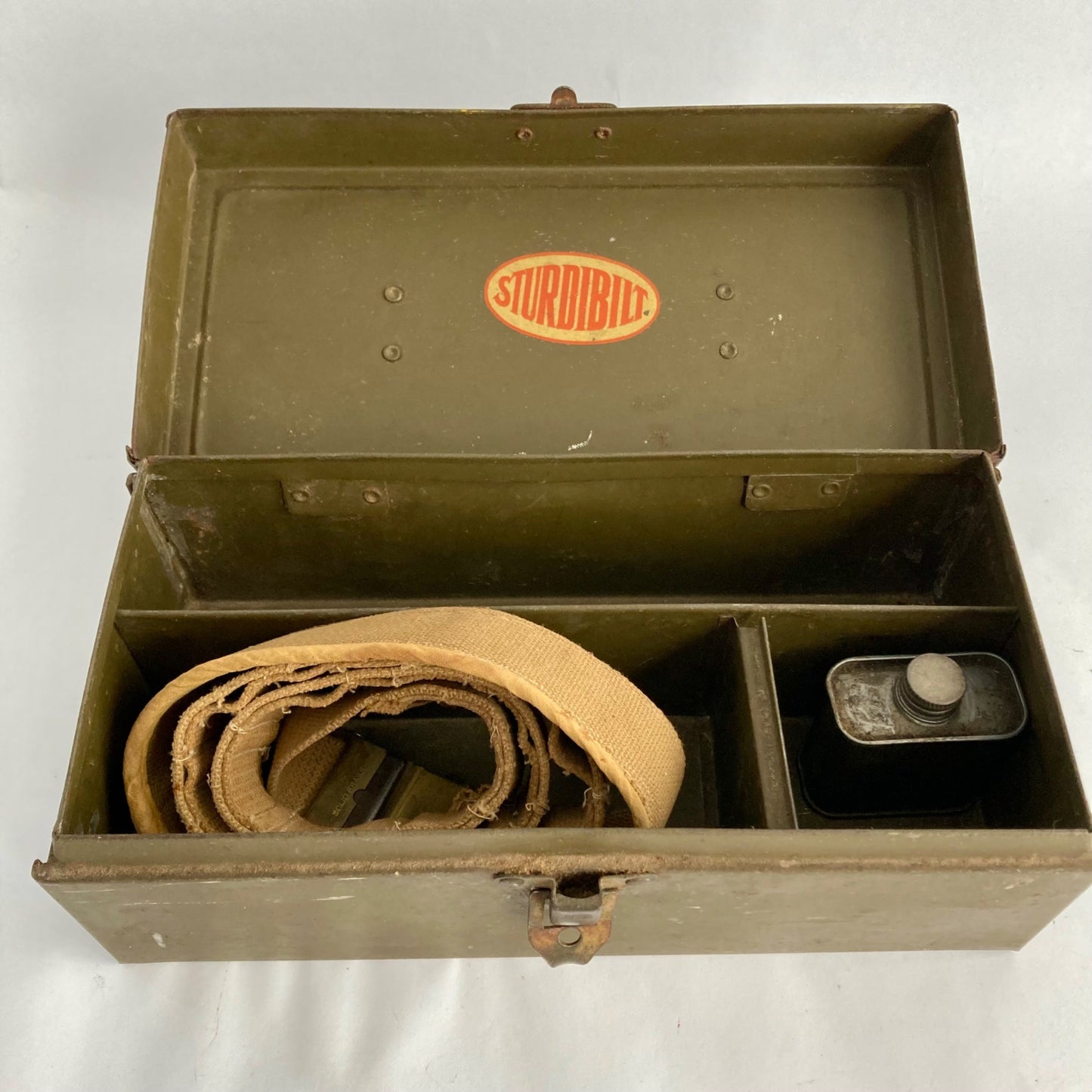 Vintage 10.5" Box Military OD Green w/Tan Belt & Lubricating Oil Can 2 oz Poison