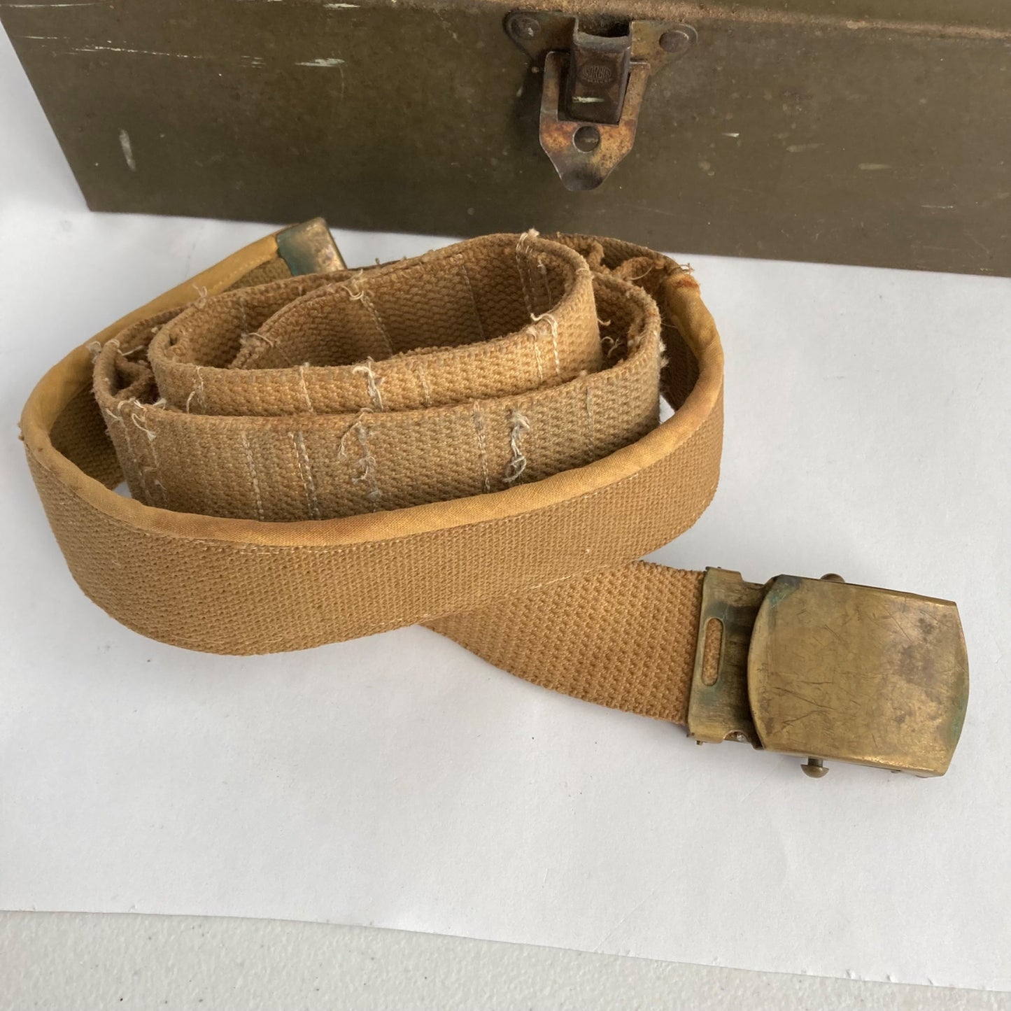 Vintage 10.5" Box Military OD Green w/Tan Belt & Lubricating Oil Can 2 oz Poison