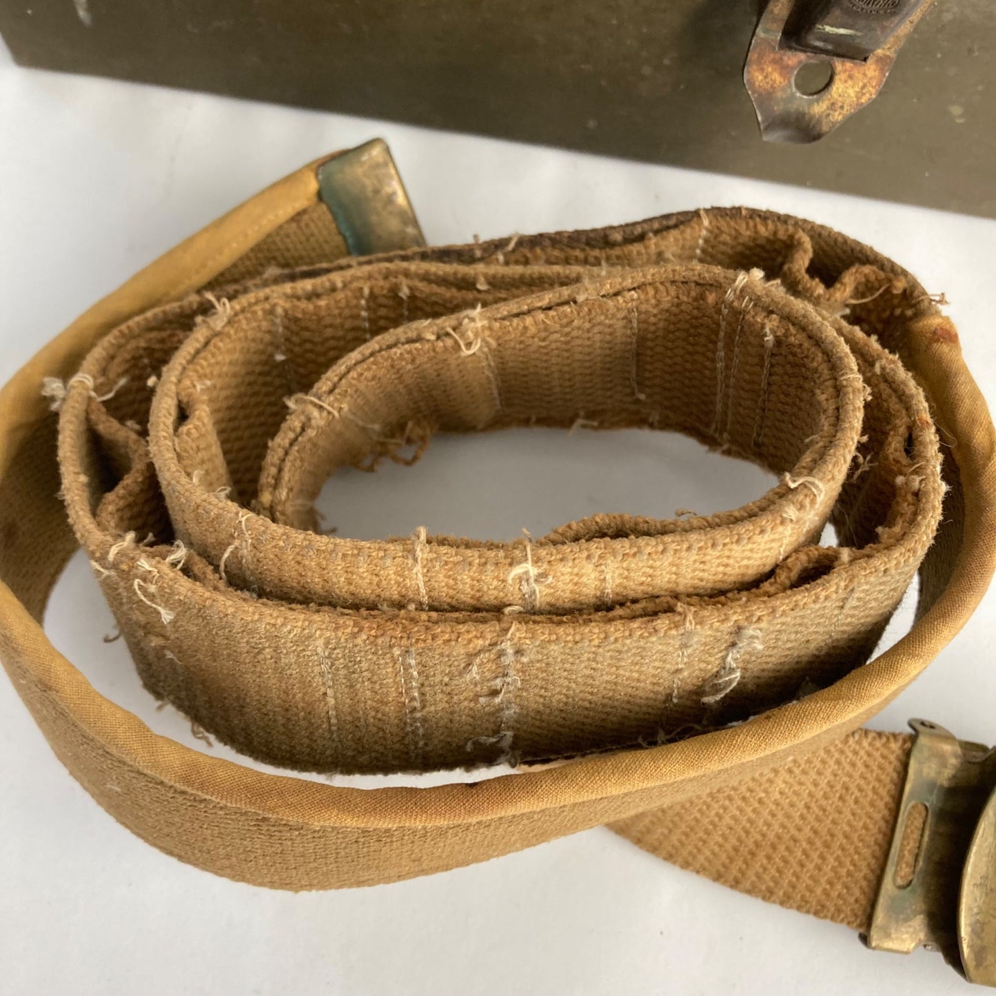 Vintage 10.5" Box Military OD Green w/Tan Belt & Lubricating Oil Can 2 oz Poison