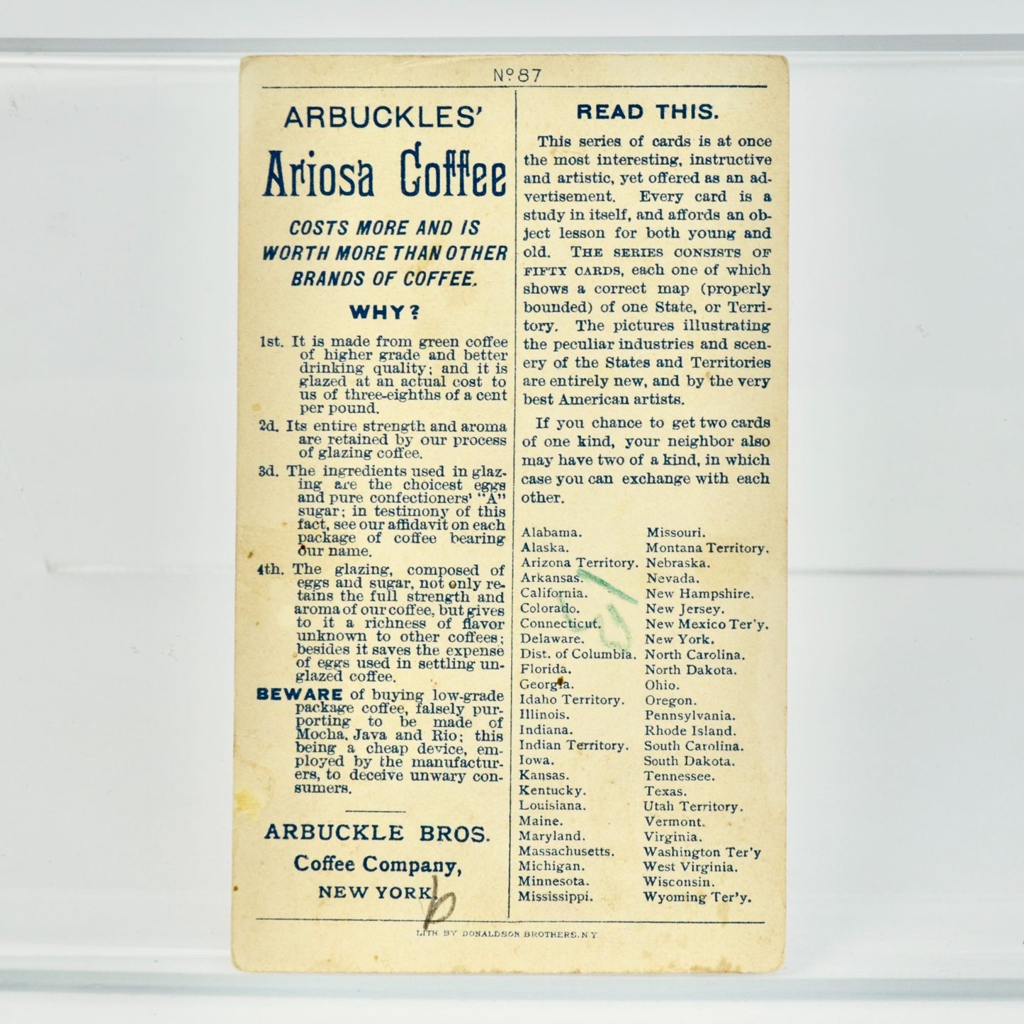 Arbuckles' Ariosa Coffee Arkansas Victorian Trading Trade Card