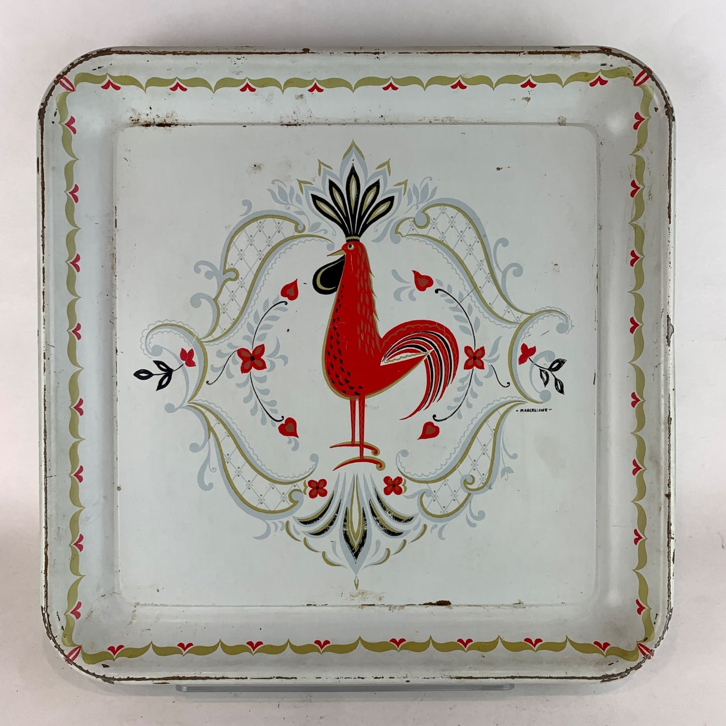Vintage Marcelline Rooster Tray 13" Metal Serving Platter Mid-Century Retro