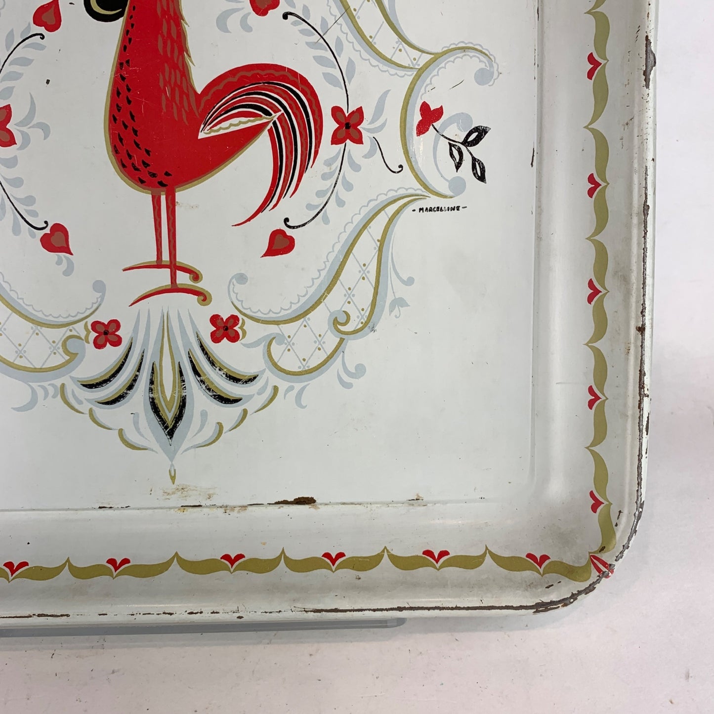 Vintage Marcelline Rooster Tray 13" Metal Serving Platter Mid-Century Retro