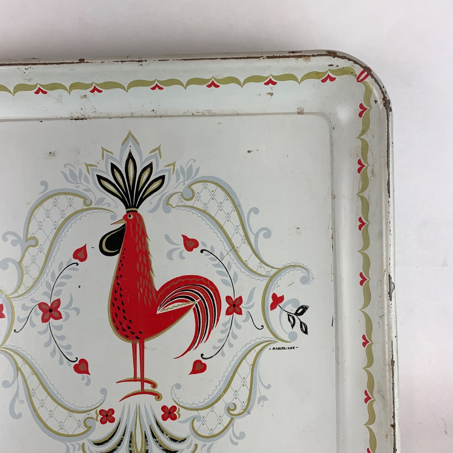 Vintage Marcelline Rooster Tray 13" Metal Serving Platter Mid-Century Retro