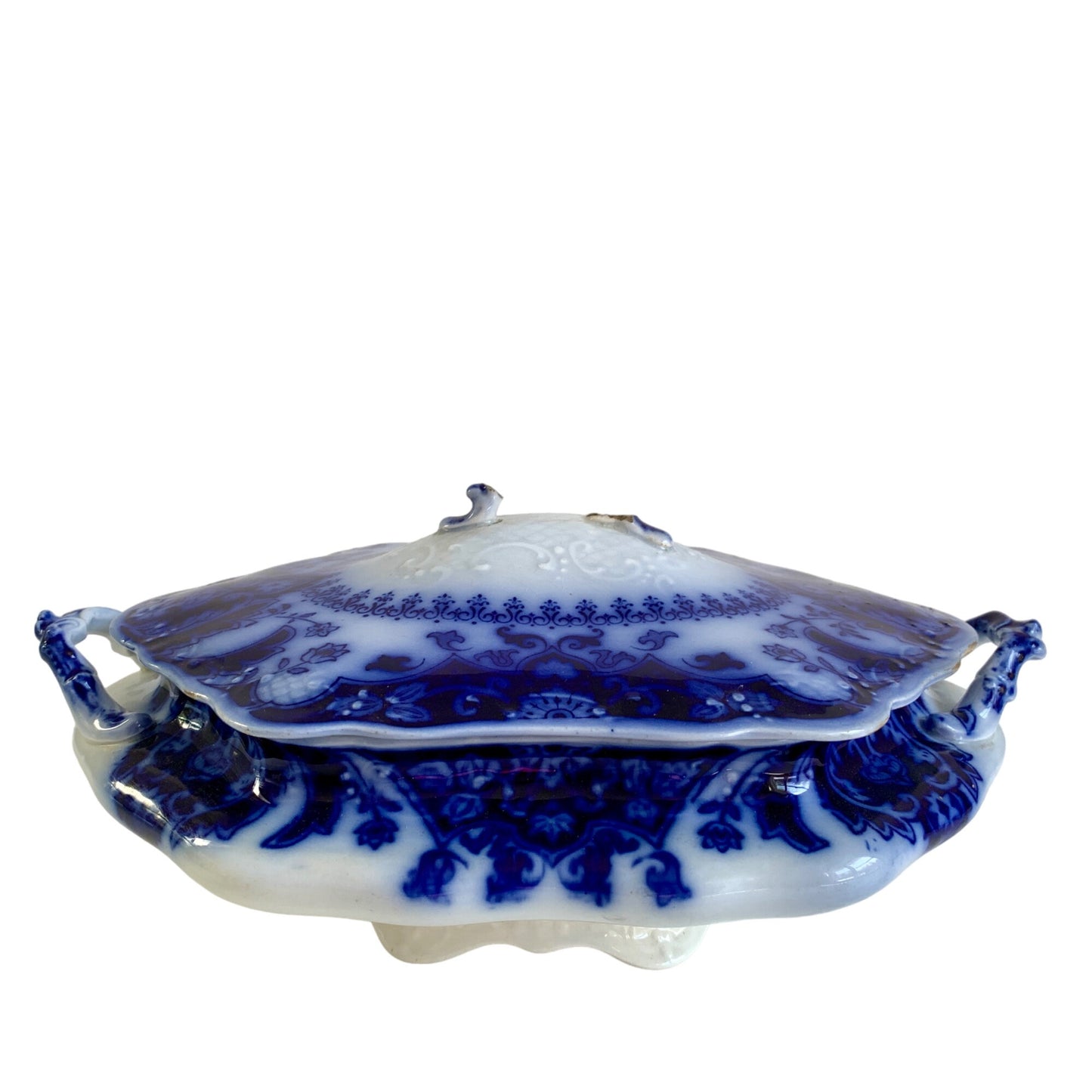 Florida Flow Blue Casserole Lidded Dish Johnson Bros BROKEN HANDLE