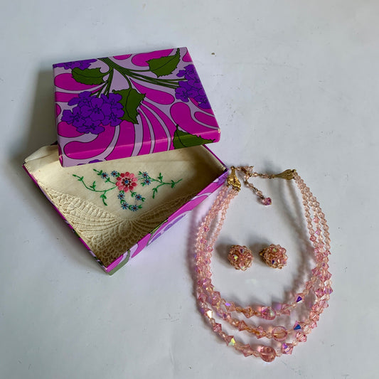 Vintage Pink Necklace Clip-On Earrings Box & Handkerchief Lot