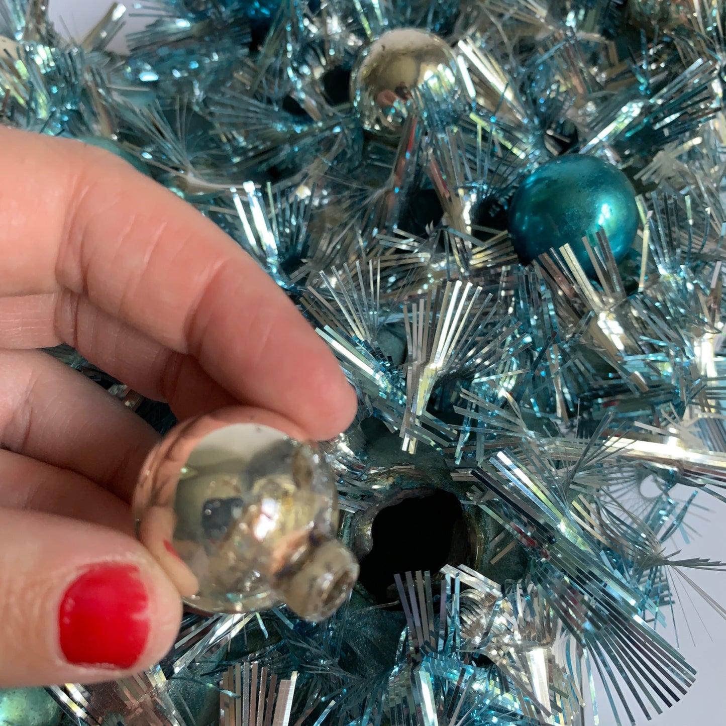 Vintage Christmas Tree Tinsel Egg Carton Tabletop Decor Blue Teal