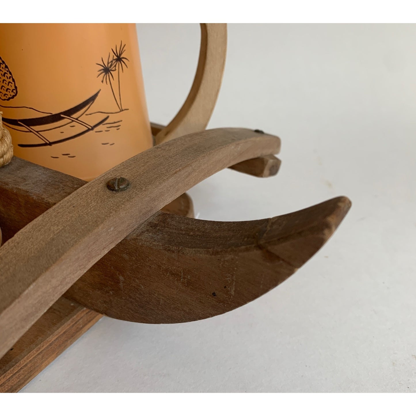 Siesta Ware Vintage Peach Glasses Set of 6 With Canoe Outrigger Carrier Wooden Tiki