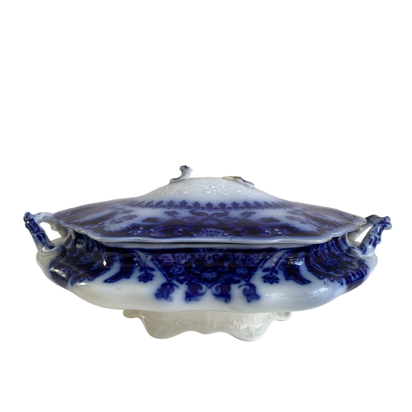 Florida Flow Blue Casserole Lidded Dish Johnson Bros BROKEN HANDLE