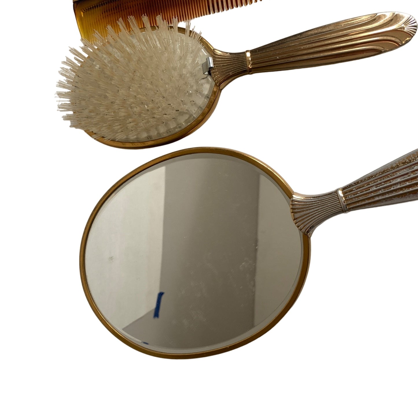 Vintage Gold Toned Lace Detail Dresser Mirror Brush and Comb Set