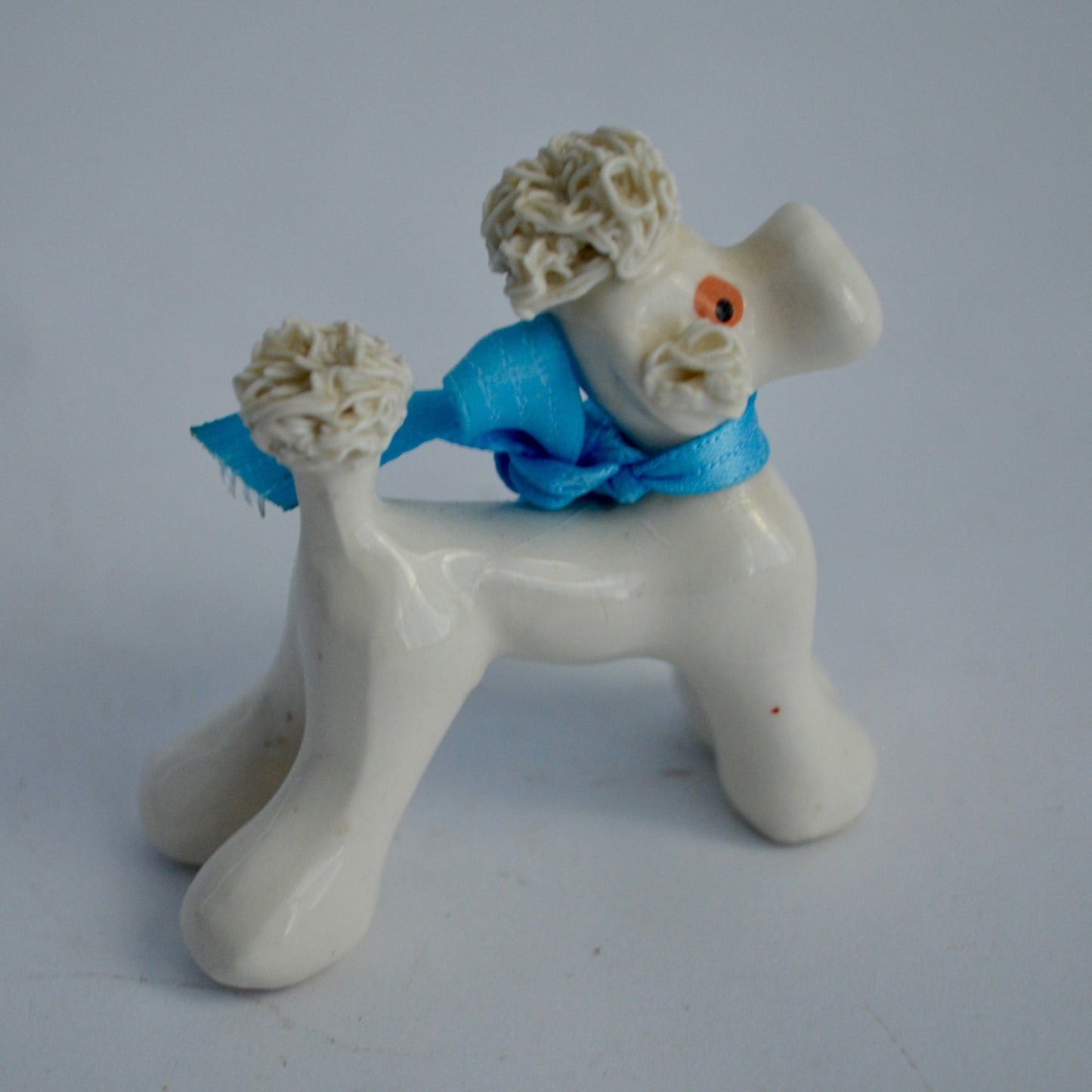 Vintage Small White Spaghetti Poodle Blue Ribbon Bow