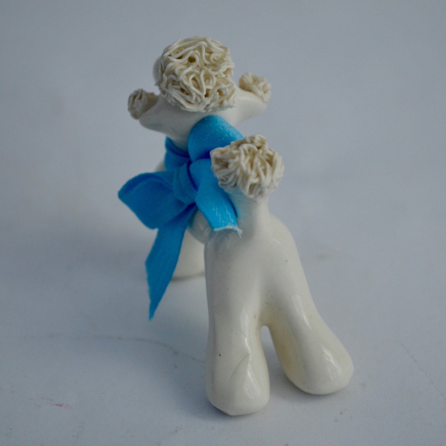 Vintage Small White Spaghetti Poodle Blue Ribbon Bow