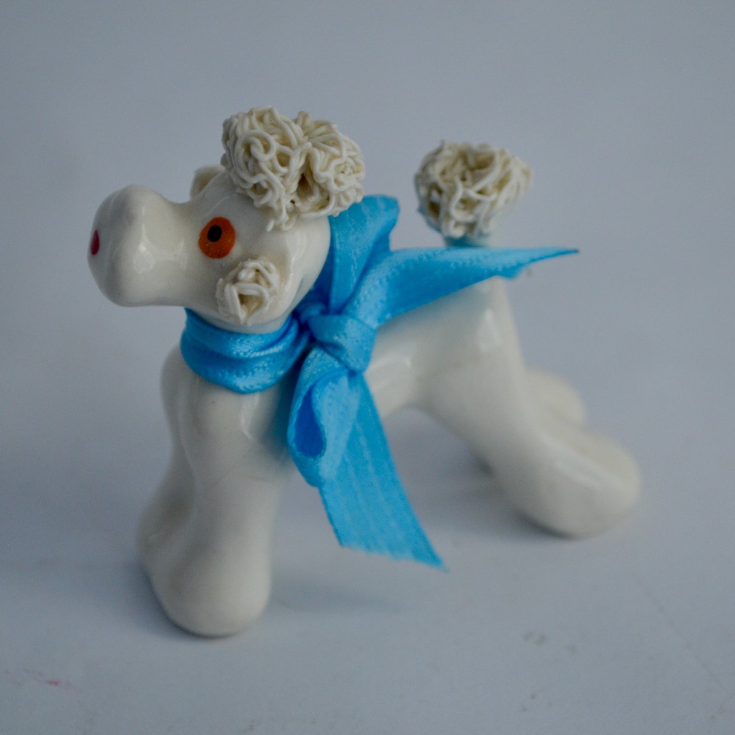Vintage Small White Spaghetti Poodle Blue Ribbon Bow