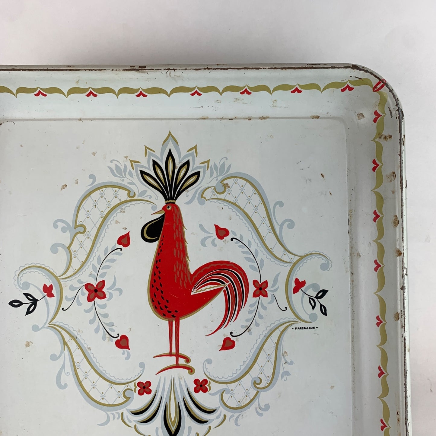 Vintage Marcelline Rooster Tray 13" Metal Serving Platter Mid-Century Retro