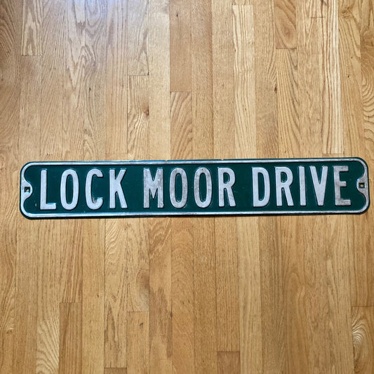 Vintage Street Sign LOCK MOOR DRIVE Green/White Embossed Letters 36"