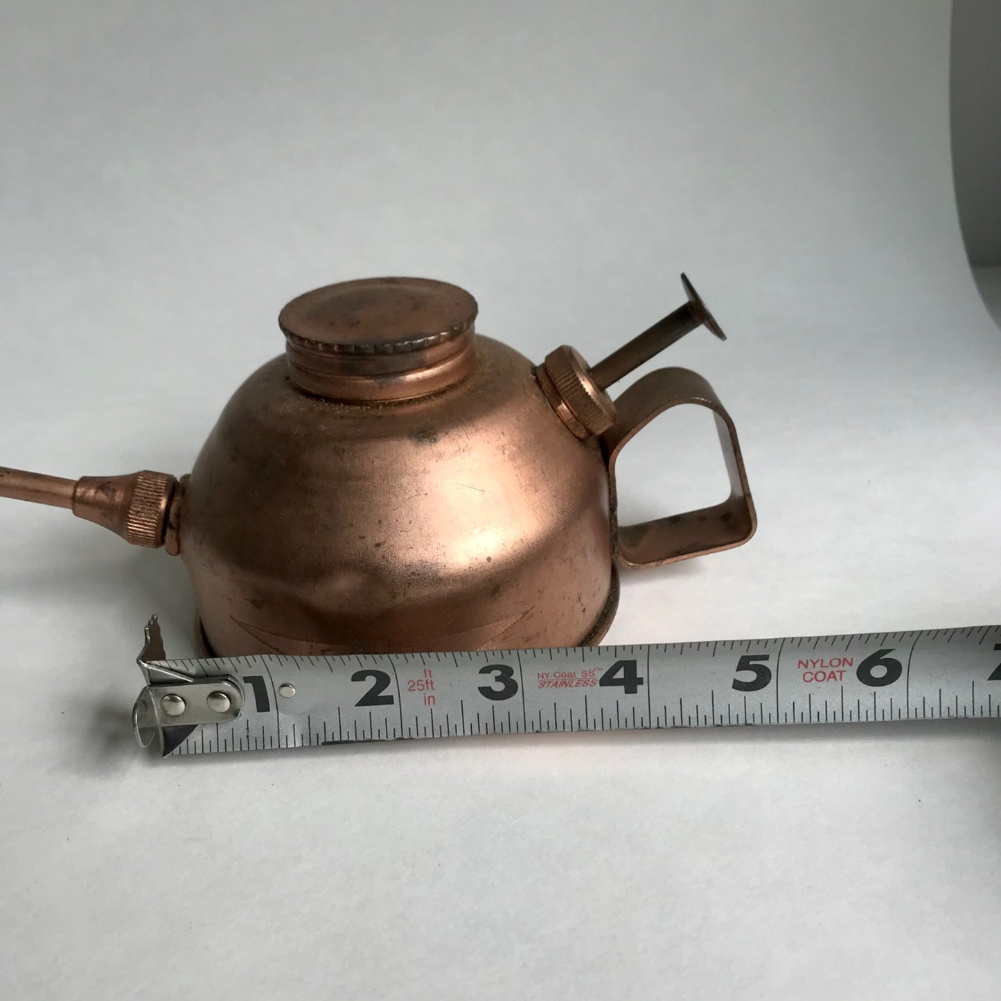 Vintage Samos Copper Oil Can Push Pump Oiler w/Long Spout