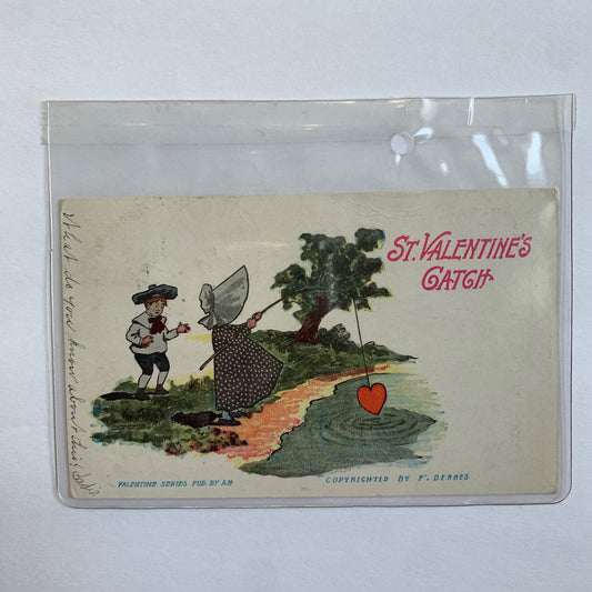 1910 Antique Valentine's Day Postcard St. Valentine's Catch Heart Fishing