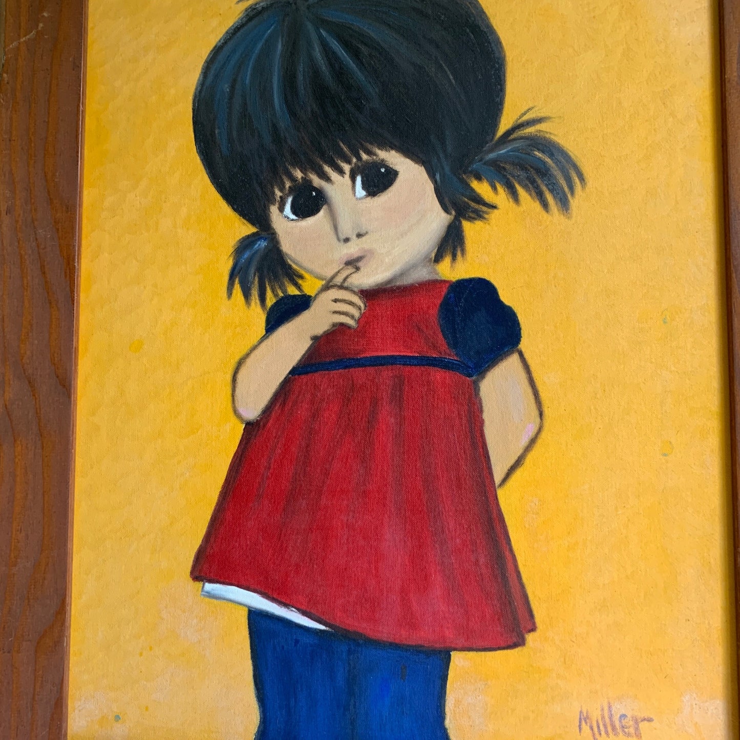 Vintage 1960s 1970s Large Big Eyed Eyes Girl Pigtails Painting Original Signed