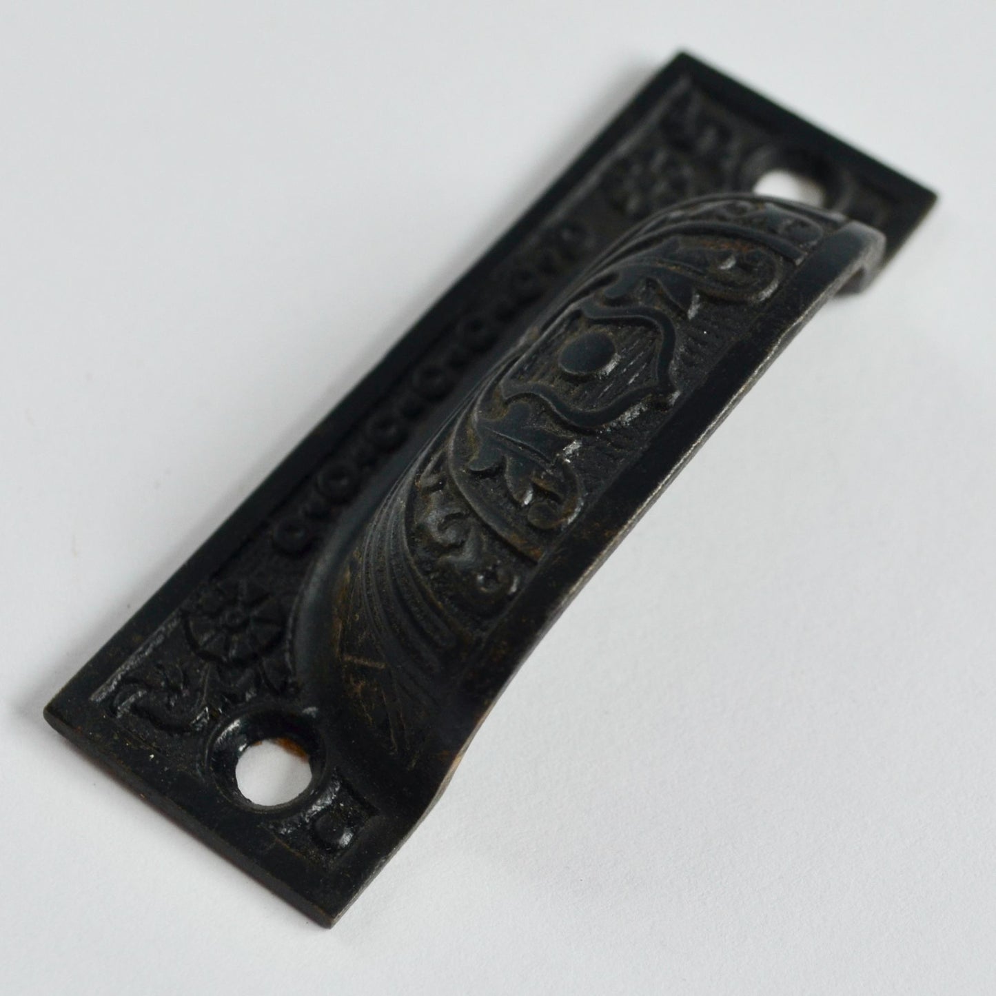 Antique Victorian Ornate Cast Iron Bin Pull Apothecary Cupboard Drawer 2-7/8"