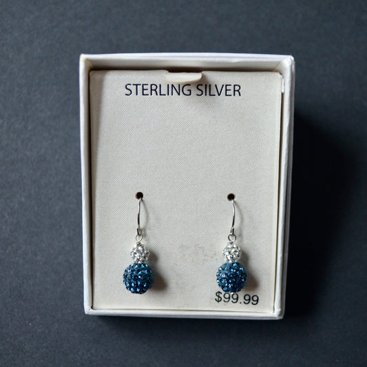 Sterling Silver Montana Blue White Pave Crystal Ball Earrings New