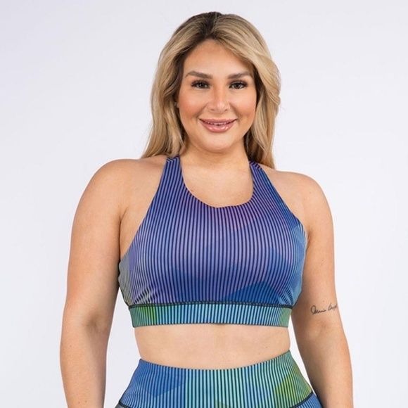 Women's Plus Size Geometric Pinstripe Athletic Sports Bra XL