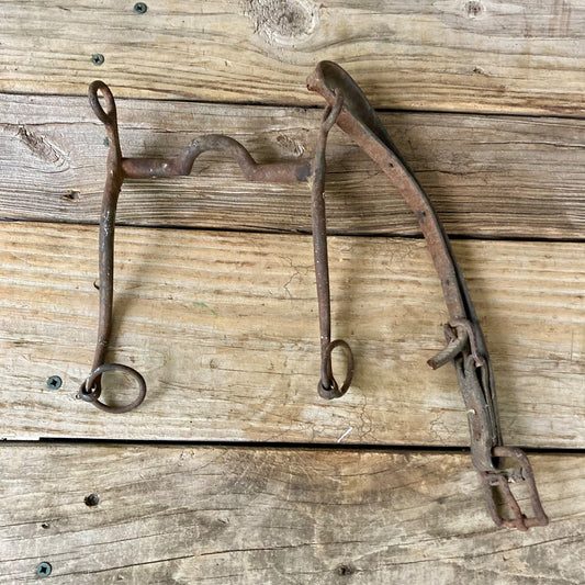 Antique Forged Iron Horse Bit w/Leather Strap Vintage