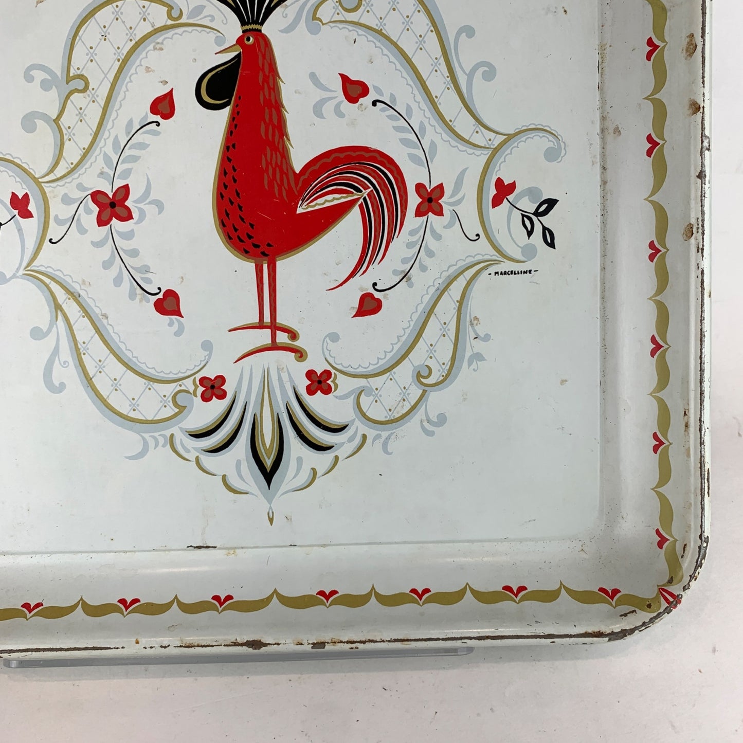 Vintage Marcelline Rooster Tray 13" Metal Serving Platter Mid-Century Retro