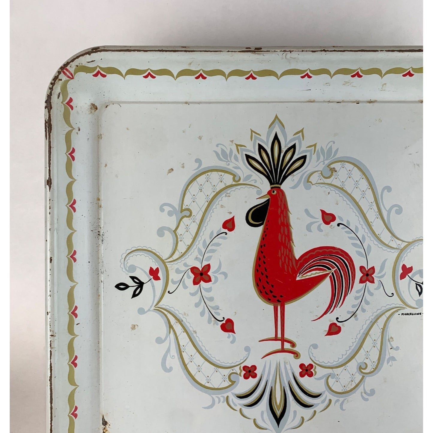 Vintage Marcelline Rooster Tray 13" Metal Serving Platter Mid-Century Retro