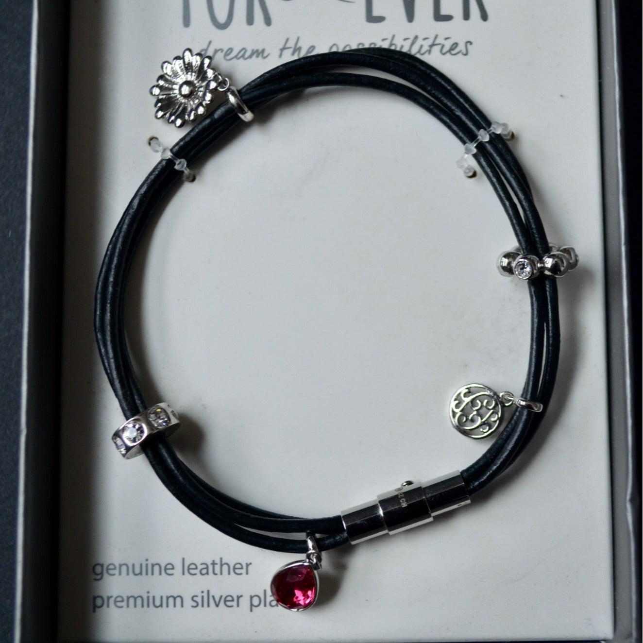 For Ever Genuine Leather Silver Plate Heart Wrap Bracelet New