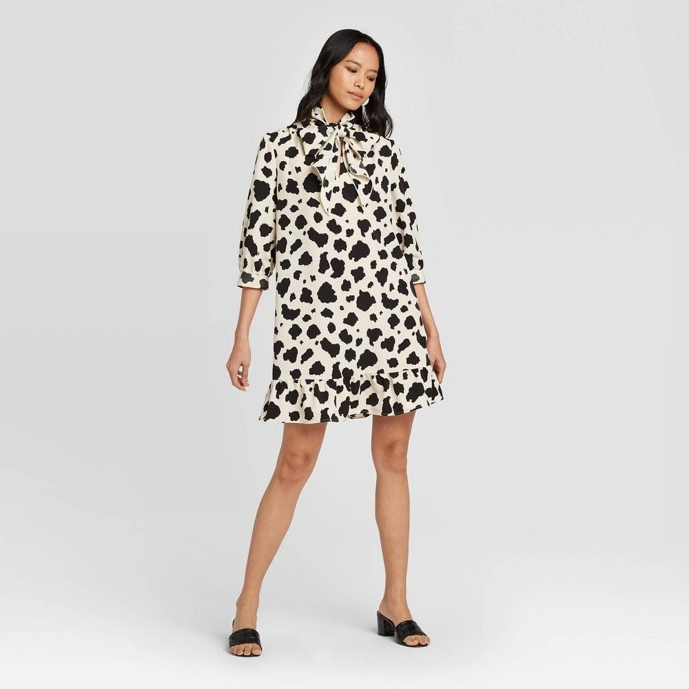 Who What Wear Animal Print 3/4 Sleeve Shift Dress Cream Ivory New