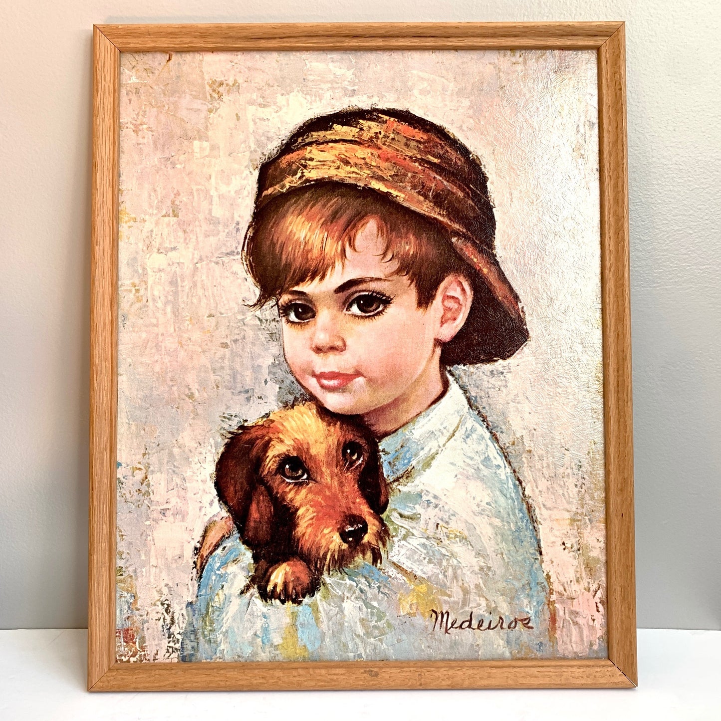 Vintage Medeiros Boy with Dog Signed Framed Print