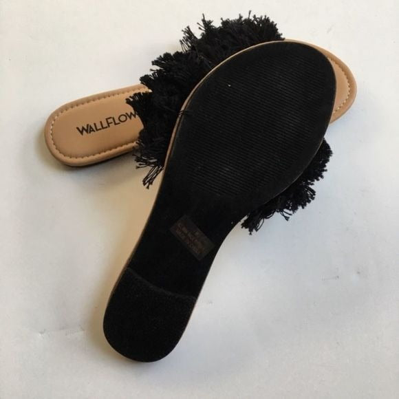Wallflower Black Fringe Slide Sandals New