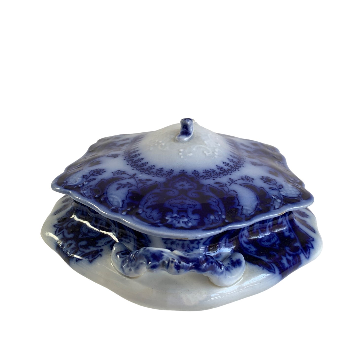 Florida Flow Blue Casserole Lidded Dish Johnson Bros BROKEN HANDLE