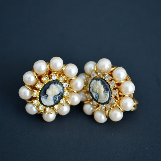 Vintage Cameo Faux Pearl CZ Stone Clip Earrings Gold Toned