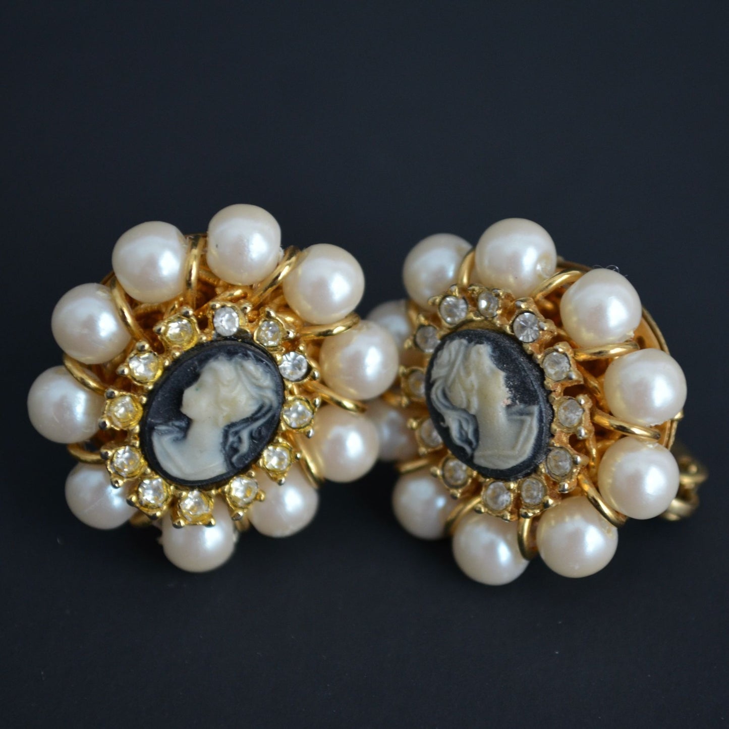 Vintage Cameo Faux Pearl CZ Stone Clip Earrings Gold Toned