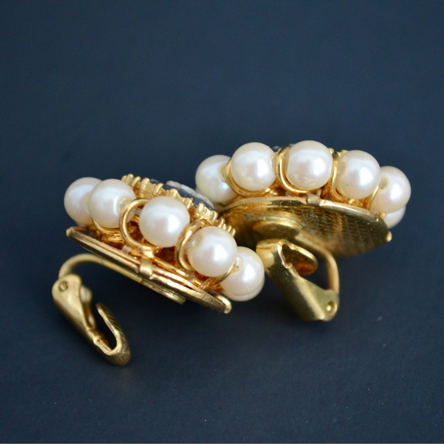 Vintage Cameo Faux Pearl CZ Stone Clip Earrings Gold Toned