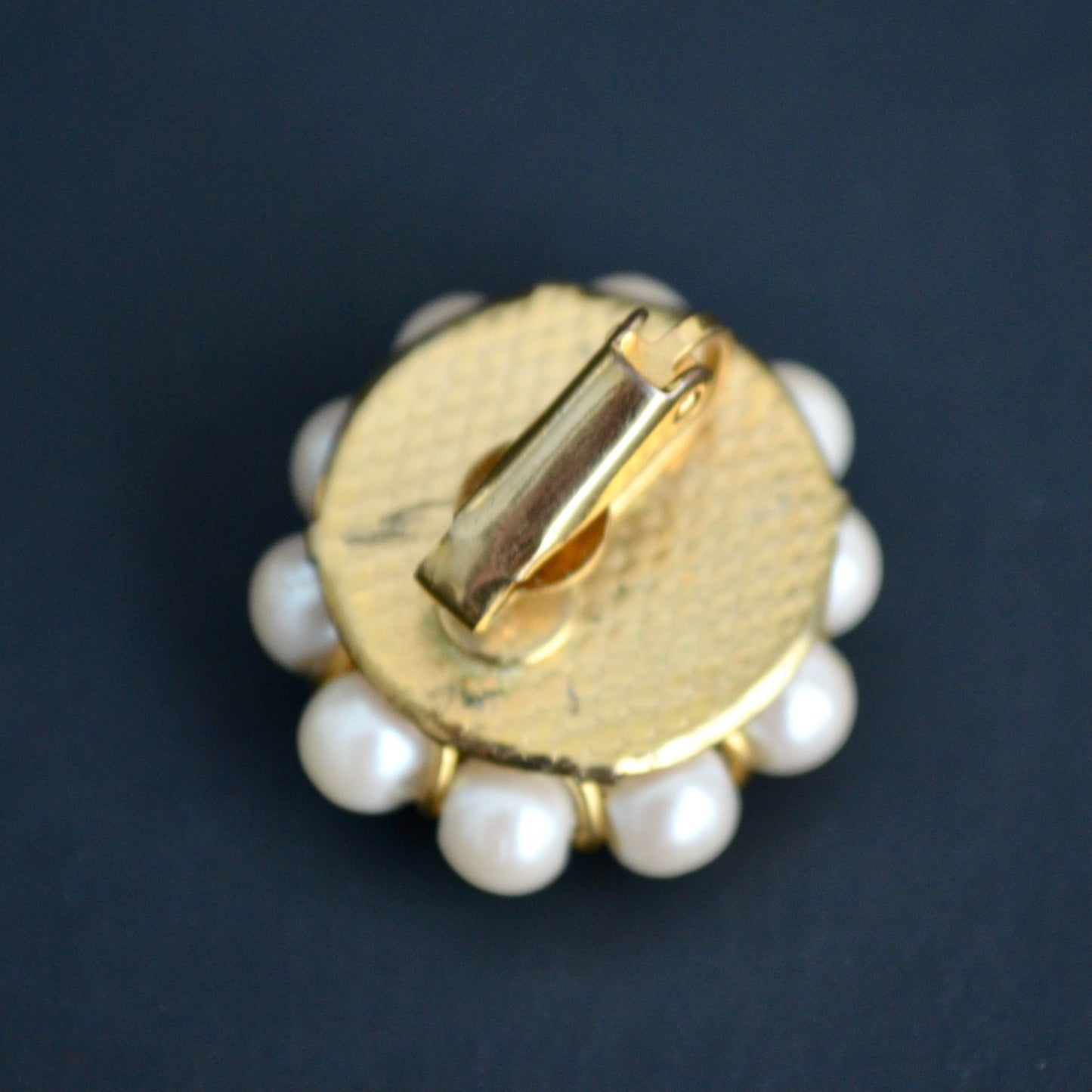 Vintage Cameo Faux Pearl CZ Stone Clip Earrings Gold Toned