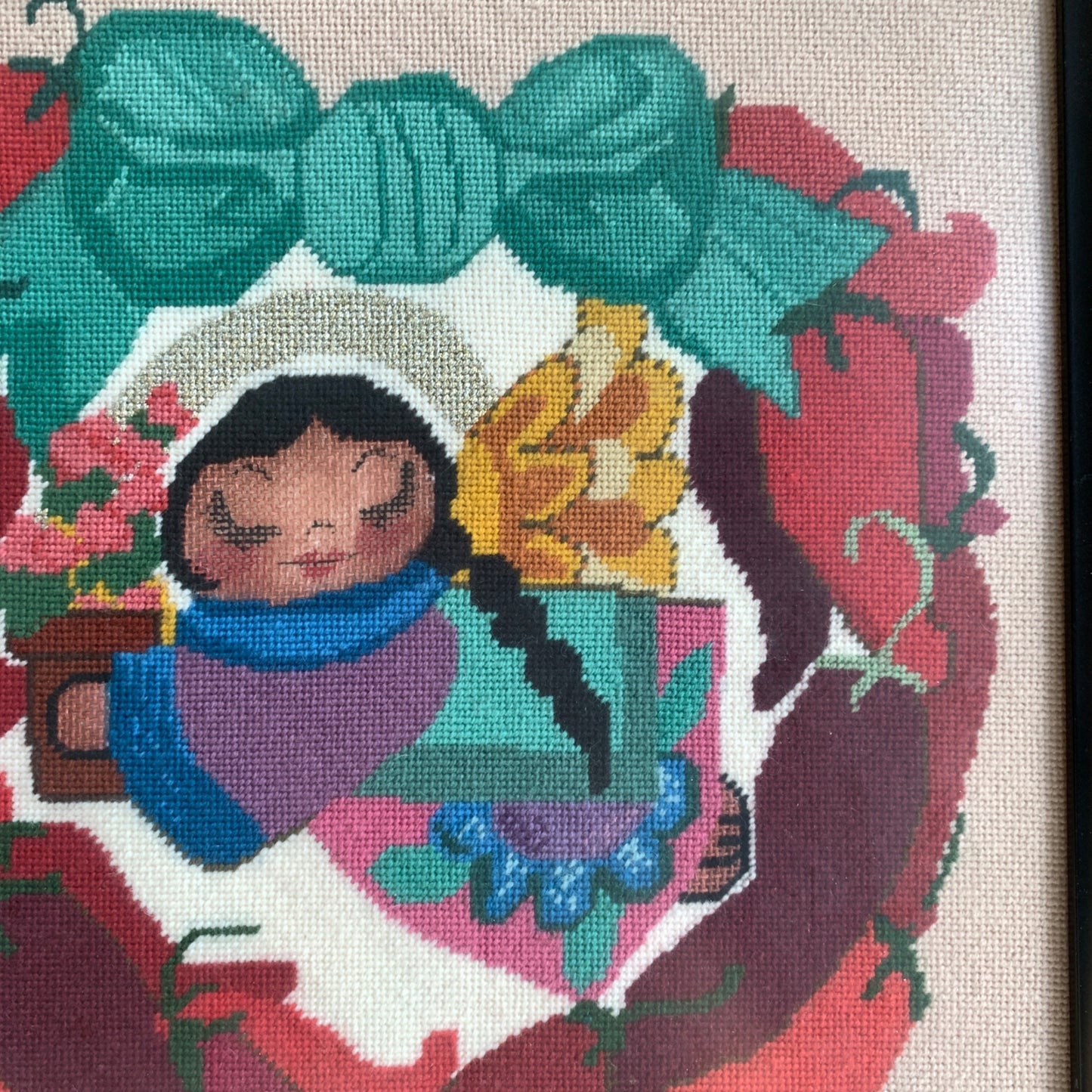 Vintage Ann Speiss Mills Needlepoint Framed Girl Peppers Wreath