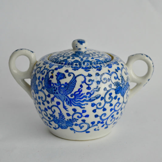 Japan Blue & White Willow Phoenix Sugar Bowl Vintage