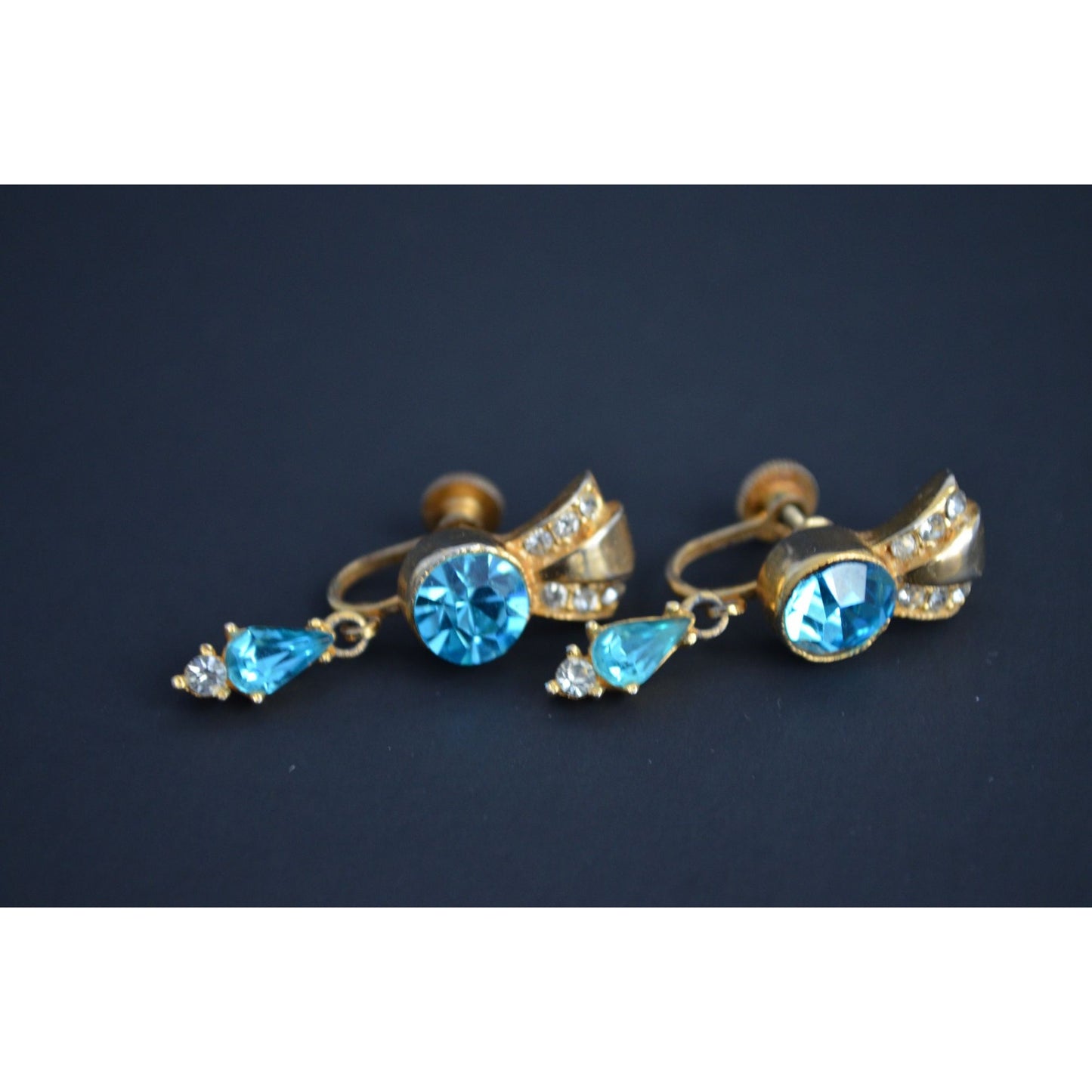 Vintage Gold Toned Screw Back Blue Stone Clear CZ Earrings