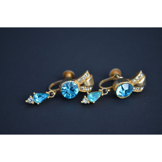 Vintage Gold Toned Screw Back Blue Stone Clear CZ Earrings