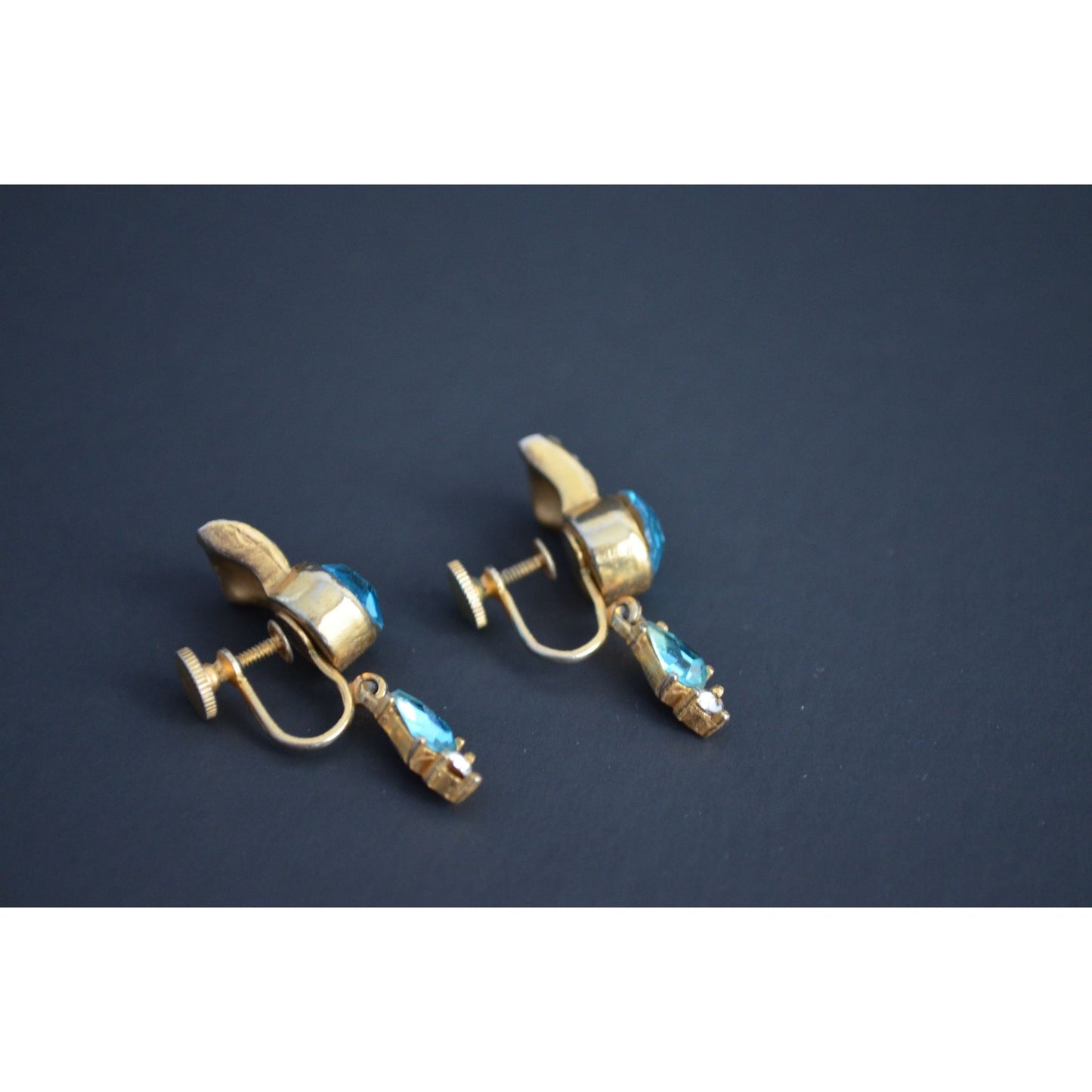 Vintage Gold Toned Screw Back Blue Stone Clear CZ Earrings