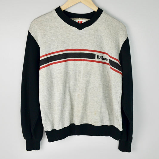 1980s Wilson Men's Black Heather Gray Sweatshirt Vintage Pullover V Neck