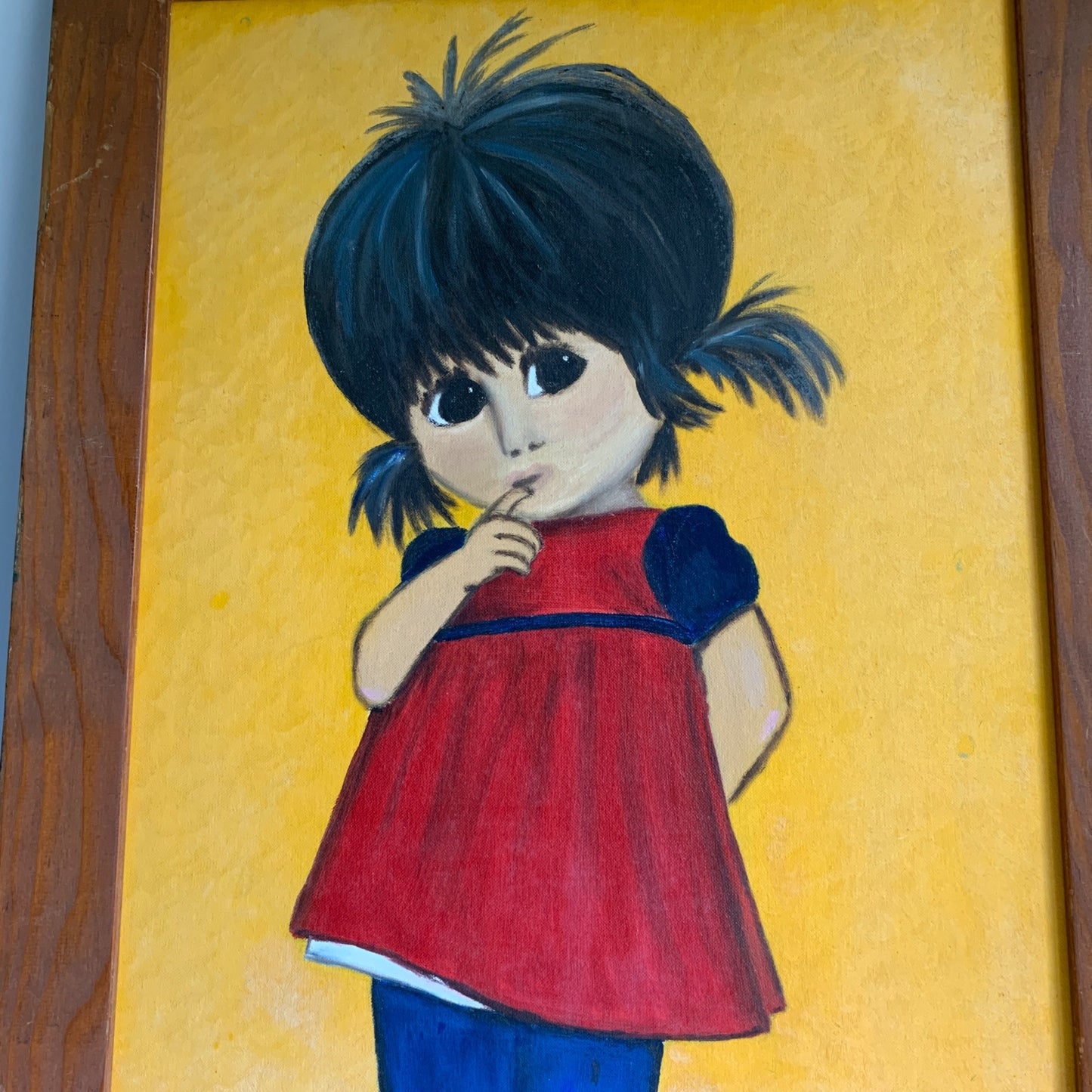Vintage 1960s 1970s Large Big Eyed Eyes Girl Pigtails Painting Original Signed