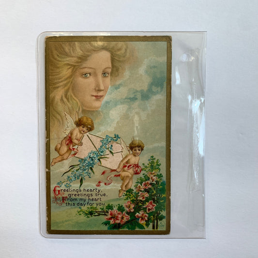 ANTIQUE 1913 Valentine's Day Postcard Stamped Cupids and Woman