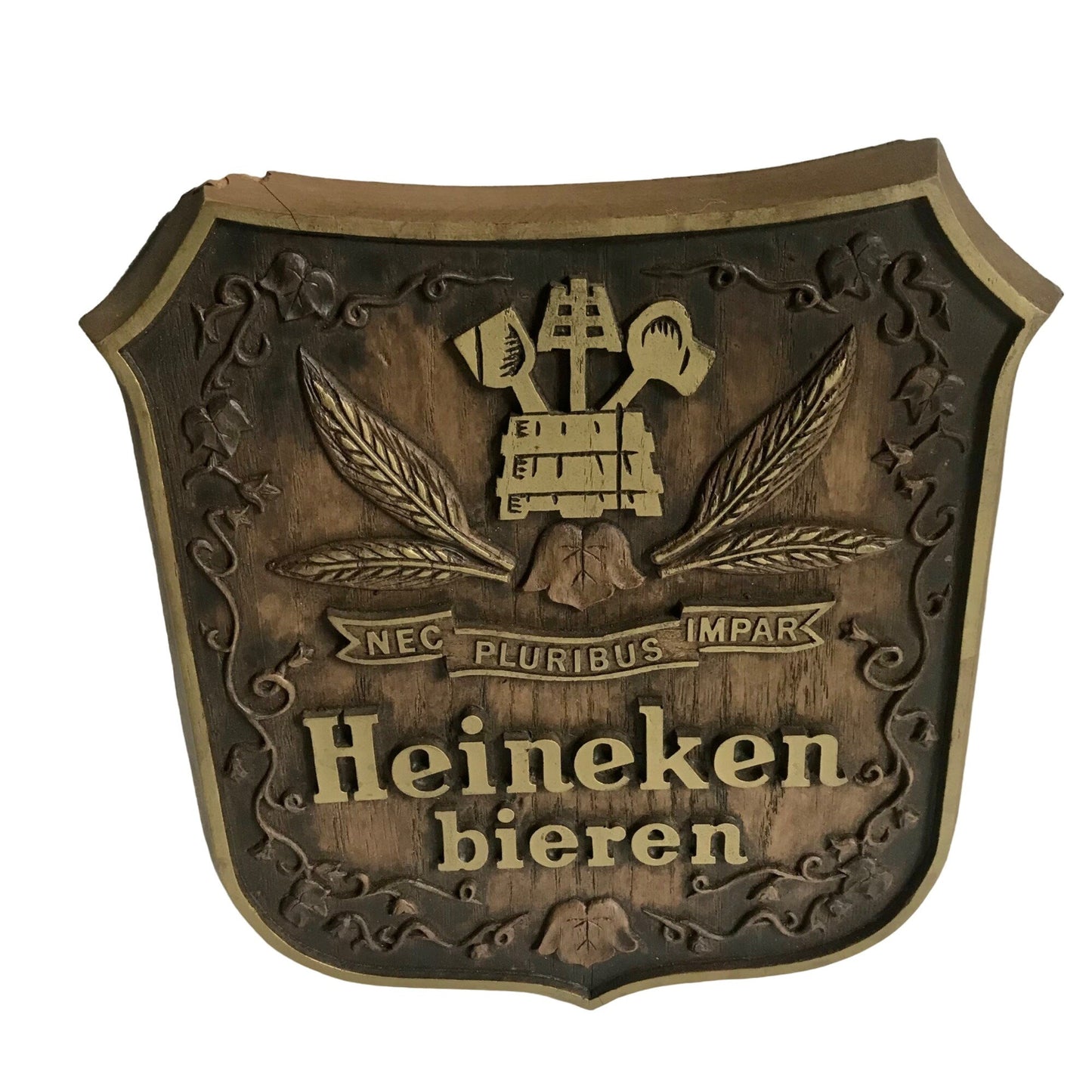 Heineken Bieren Wall Plaque Beer Sign Faux Wood "Nec Pluribus Impar"