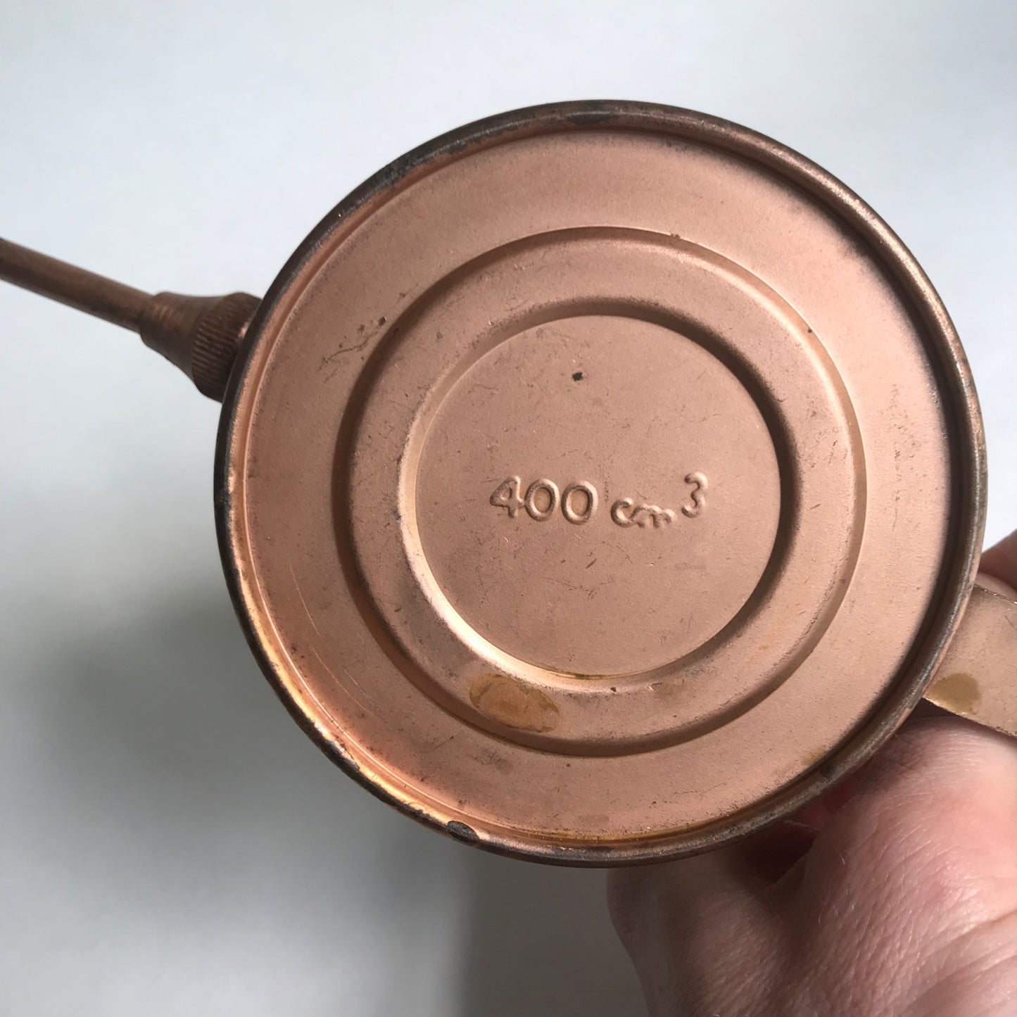 Vintage Samos Copper Oil Can Push Pump Oiler w/Long Spout