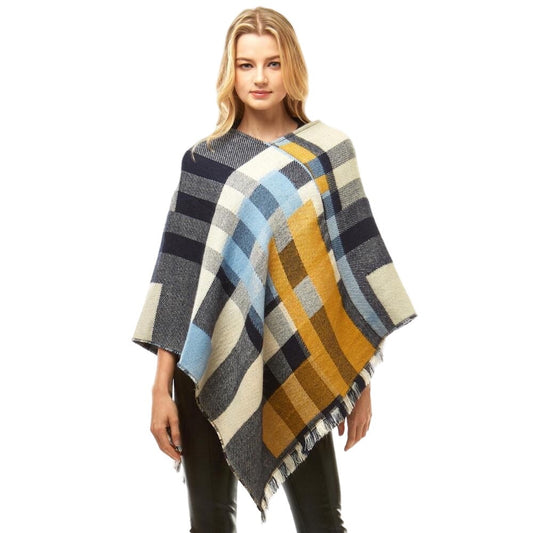 Women's Multicolor Plaid Print Poncho New Mustard Yellow Baby Blue Black Cream